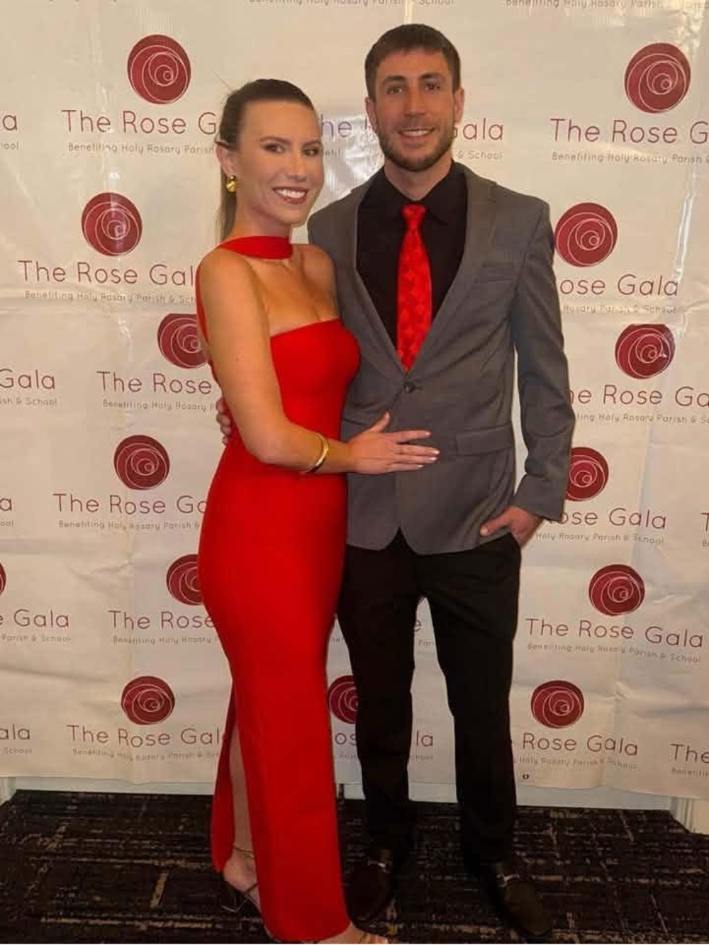 Bella Barnett-  Red Evening Gown with Choker Neckline